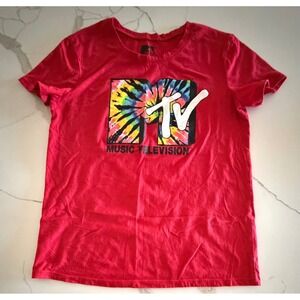 MTV Music Television Graphic Tee Red Tie Dye Logo Short Sleeve Shirt Mens Medium